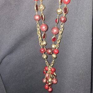 Designer Stamped Kramer Multistrand Necklace Red Glass Stone And Beads
